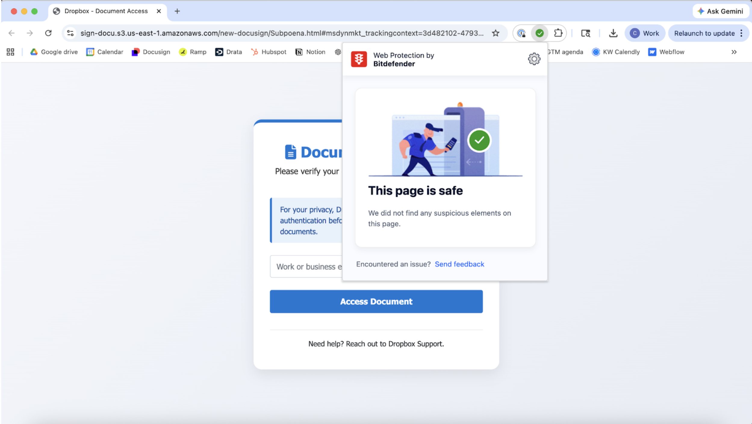 Bitdefender TrafficLight showing green on the fraudulent page — Bitdefender TrafficLight on the credential harvesting page: 'This page is safe.'