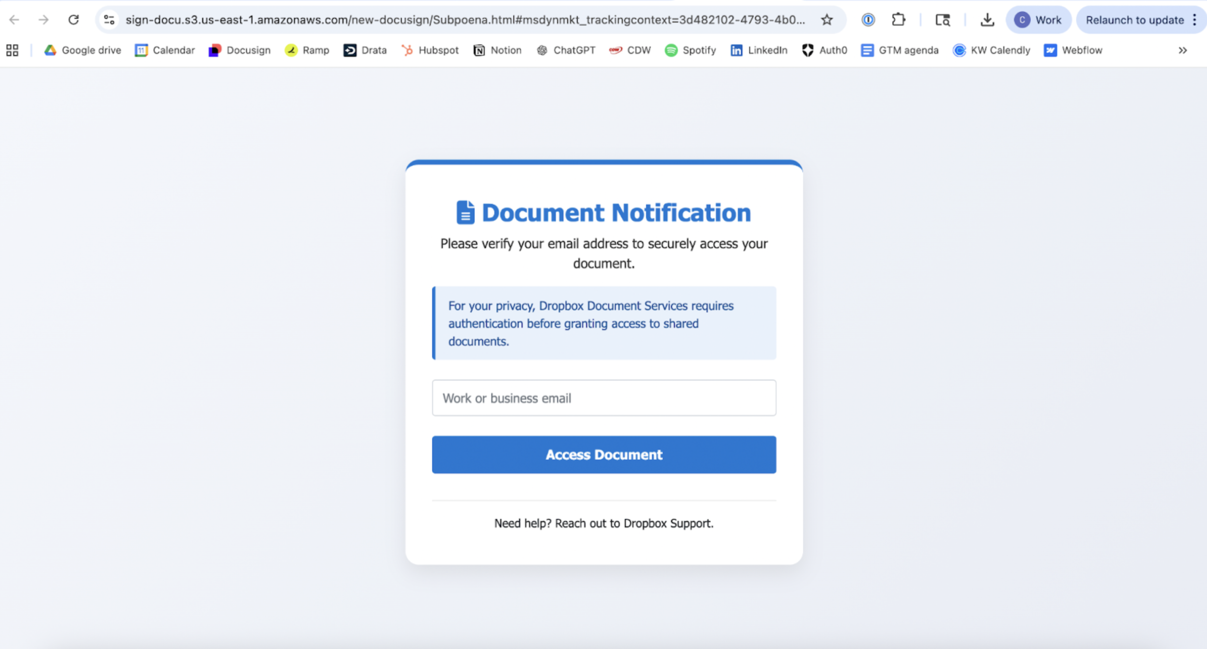 The credential harvesting page - The page the 'Review Document' button actually leads to. Hosted on Amazon's infrastructure. Note it says Dropbox, not DocuSign.